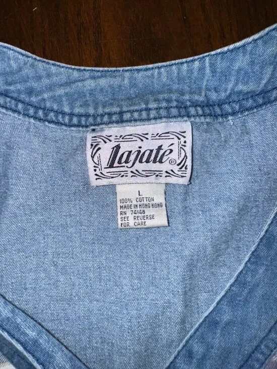 Lajate Denim & Plaid Flannel Button Down Shirt Shacket Womens Large 80s Vintage - Picture 5 of 9